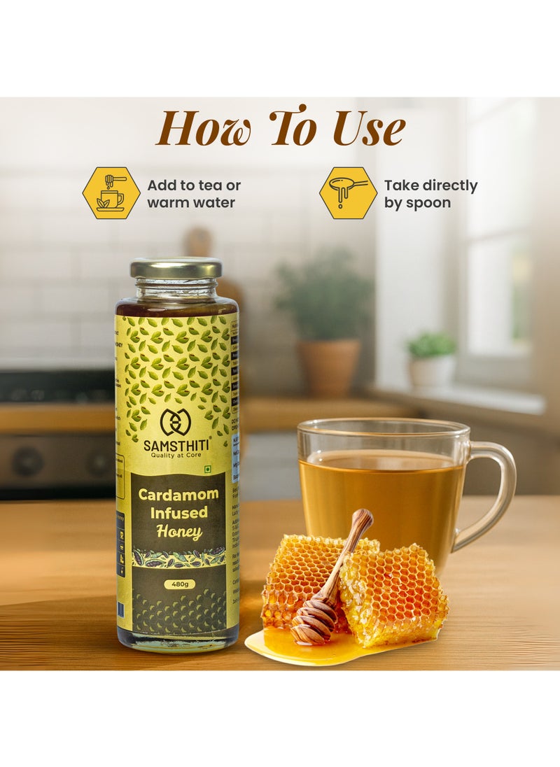 Samsthiti Cardamom Infused Honey, 100% Pure Organic Natural Honey, Made with Raw Honey and Cardamom Extract, No Added Sugar, No Preservatives, Herbal Ayurvedic Blend, Honey for Cold, Cough & Immune Support, 480g  - Image 2