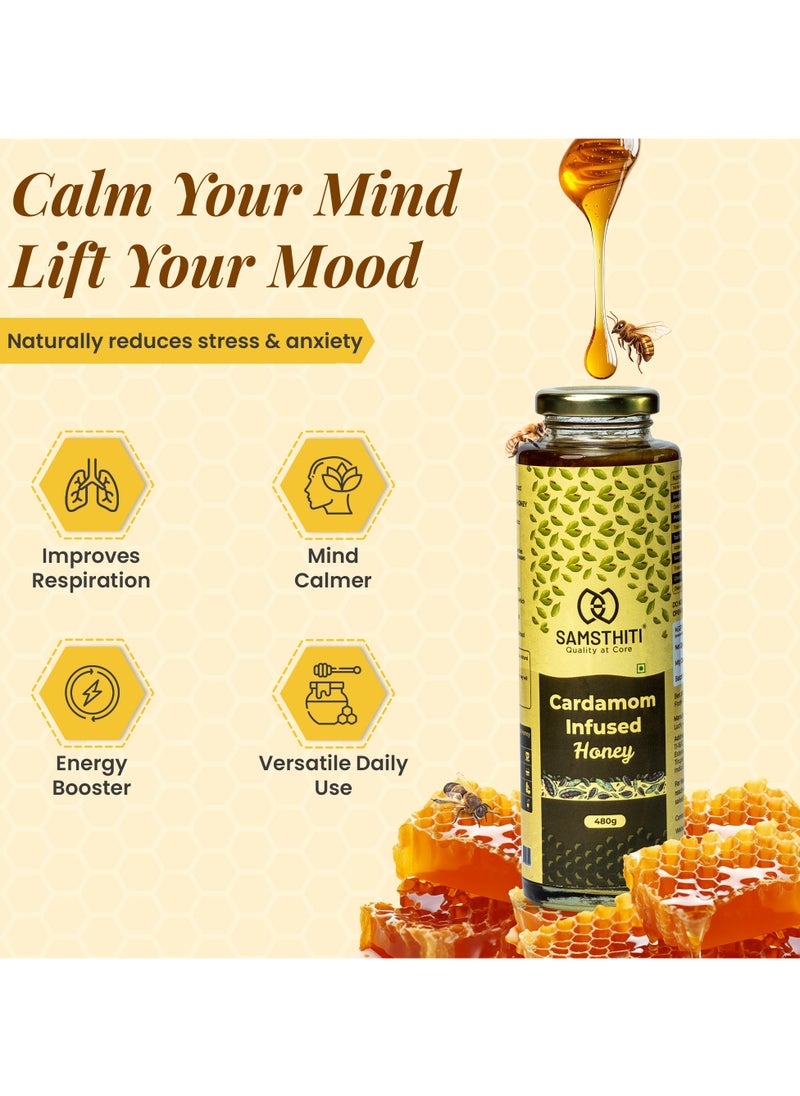 Samsthiti Cardamom Infused Honey, 100% Pure Organic Natural Honey, Made with Raw Honey and Cardamom Extract, No Added Sugar, No Preservatives, Herbal Ayurvedic Blend, Honey for Cold, Cough & Immune Support, 480g  - Image 3