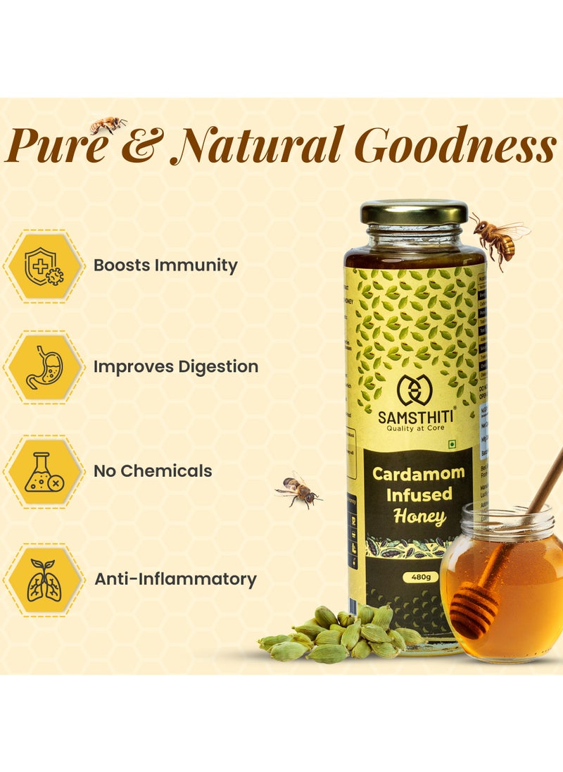 Samsthiti Cardamom Infused Honey, 100% Pure Organic Natural Honey, Made with Raw Honey and Cardamom Extract, No Added Sugar, No Preservatives, Herbal Ayurvedic Blend, Honey for Cold, Cough & Immune Support, 480g  - Image 4