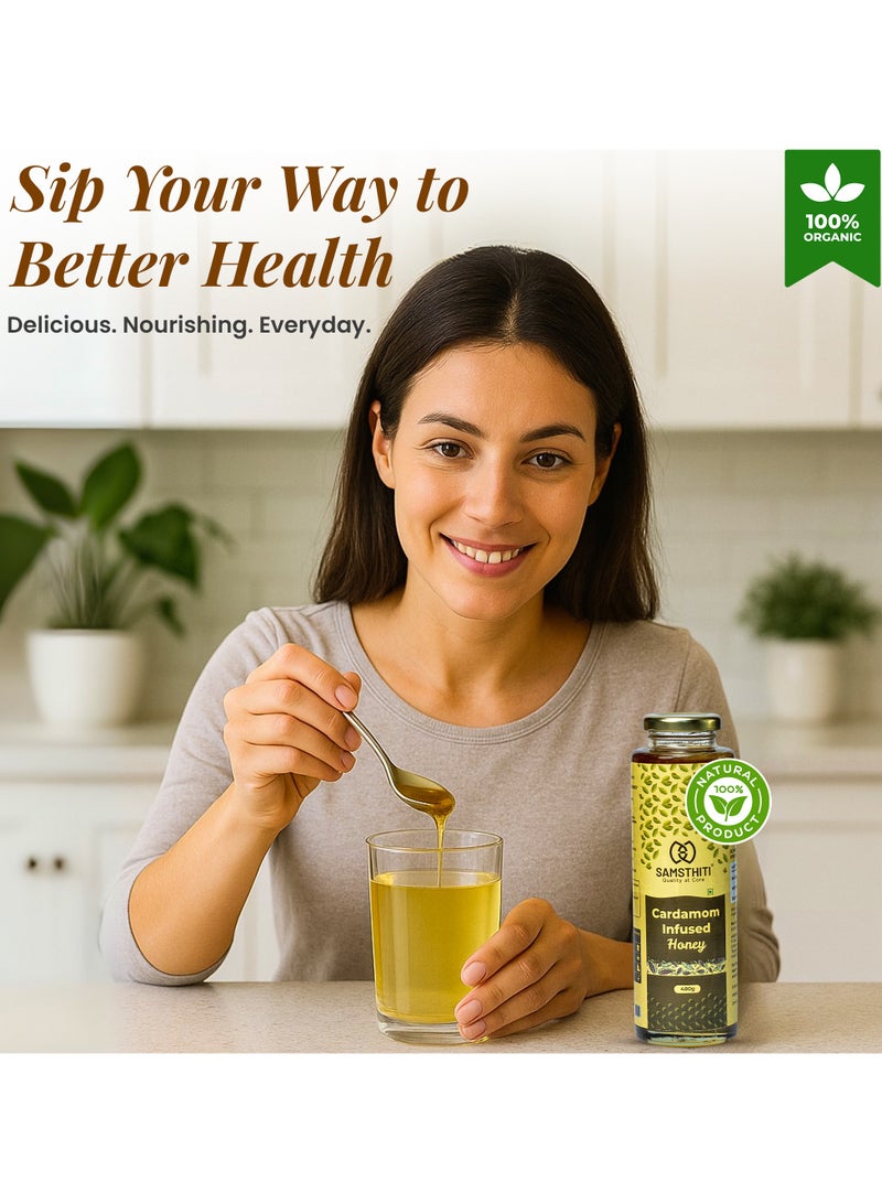 Cardamom Infused Honey, 100% Pure Organic Natural Honey, Made with Raw Honey and Cardamom Extract, No Added Sugar, No Preservatives, Herbal Ayurvedic Blend, Honey for Cold, Cough & Immune Support, 480g