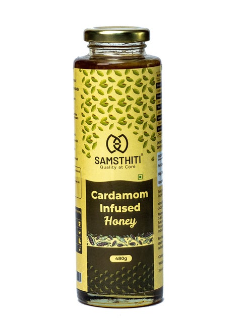 Cardamom Infused Honey, 100% Pure Organic Natural Honey, Made with Raw Honey and Cardamom Extract, No Added Sugar, No Preservatives, Herbal Ayurvedic Blend, Honey for Cold, Cough & Immune Support, 480g