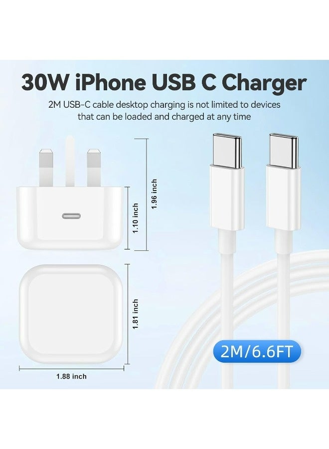 أبلينم شاحن USB-C بقوة 30 واط لأجهزة iPhone 17/16/16 Plus/16 Pro Max/15/iPad Air/iPad Mini/AirPods، شاحن جداري سريع معتمد من MFi، محول طاقة USB-C بريطاني مع كابل شحن من النوع C إلى النوع C بطول 2 متر - Image 2