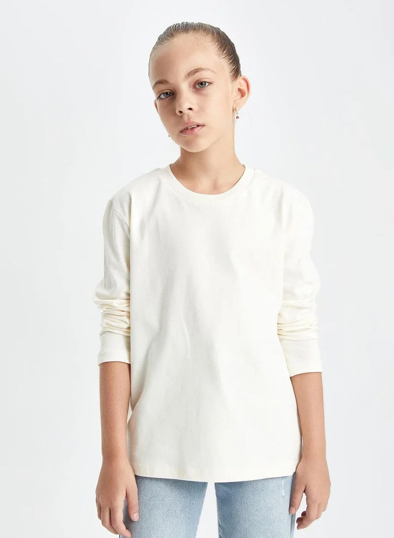 DeFacto Crew Neck Basic White Long Sleeve School T-Shirt