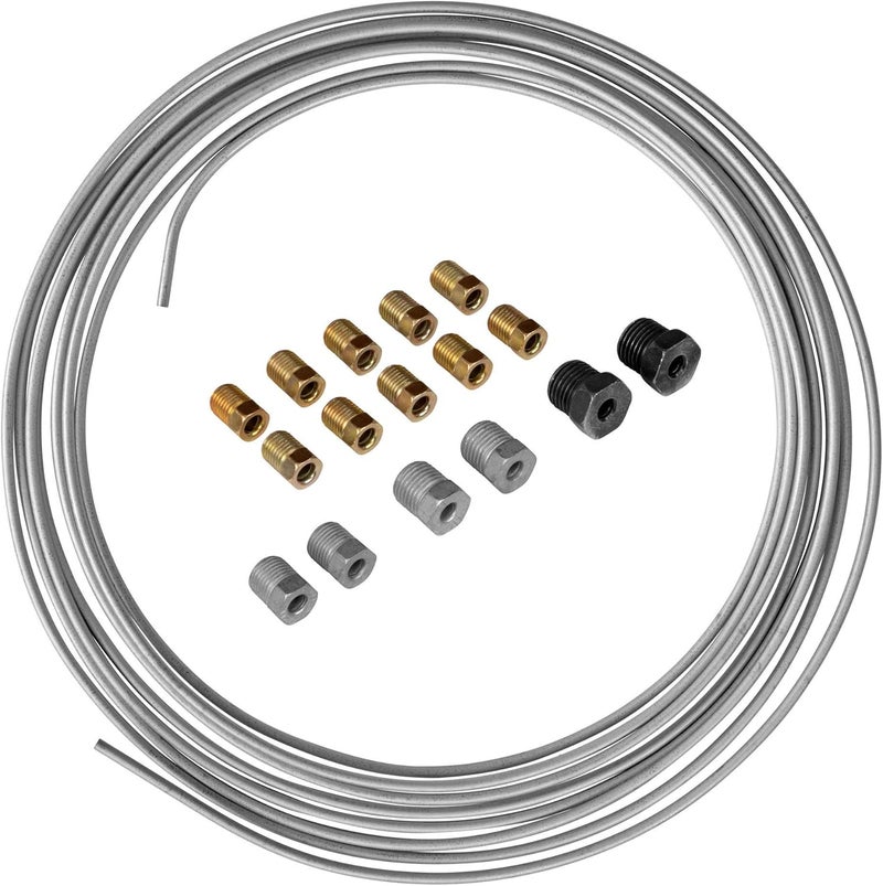 4LIFETIMELINES 4LIFETIME Galvanized Steel Brake Line Kit - 3/16" x 25ft Replacement Set - Professional Grade OE Steel Tube, Corrosion-Resistant, Flexible 3/16 Brake Line – Comes with 16 Fittings for Easy Install - Image 1