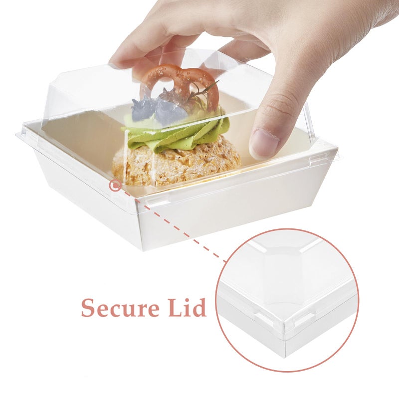 Ocmoiy 50 Pack Small Charcuterie Boxes with Clear Lids 4x4 Inch, To Go Disposable Paper Food Containers Bakery Treat Boxes for Desserts, Cake Slice, Cookies, Strawberries (White, 50) - Image 3