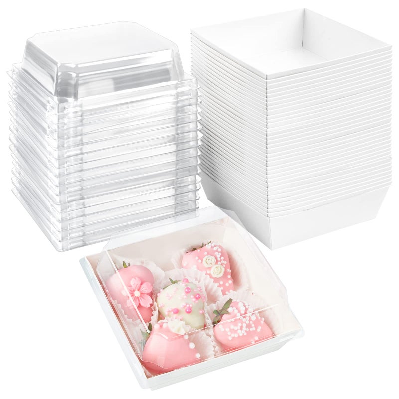 Ocmoiy 50 Pack Small Charcuterie Boxes with Clear Lids 4x4 Inch, To Go Disposable Paper Food Containers Bakery Treat Boxes for Desserts, Cake Slice, Cookies, Strawberries (White, 50) - Image 1