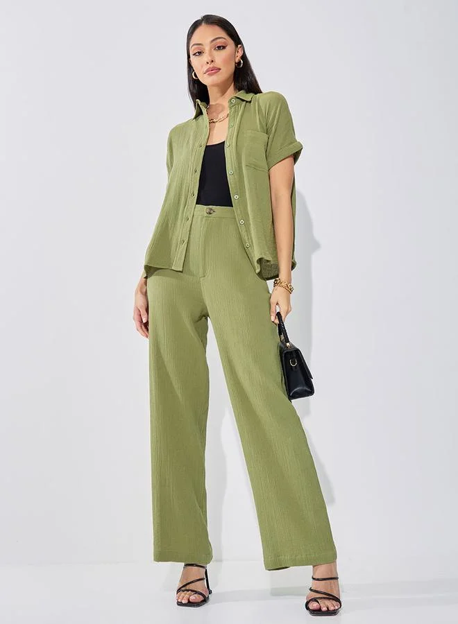 ستايلي High Rise Wide Leg Textured Trouser