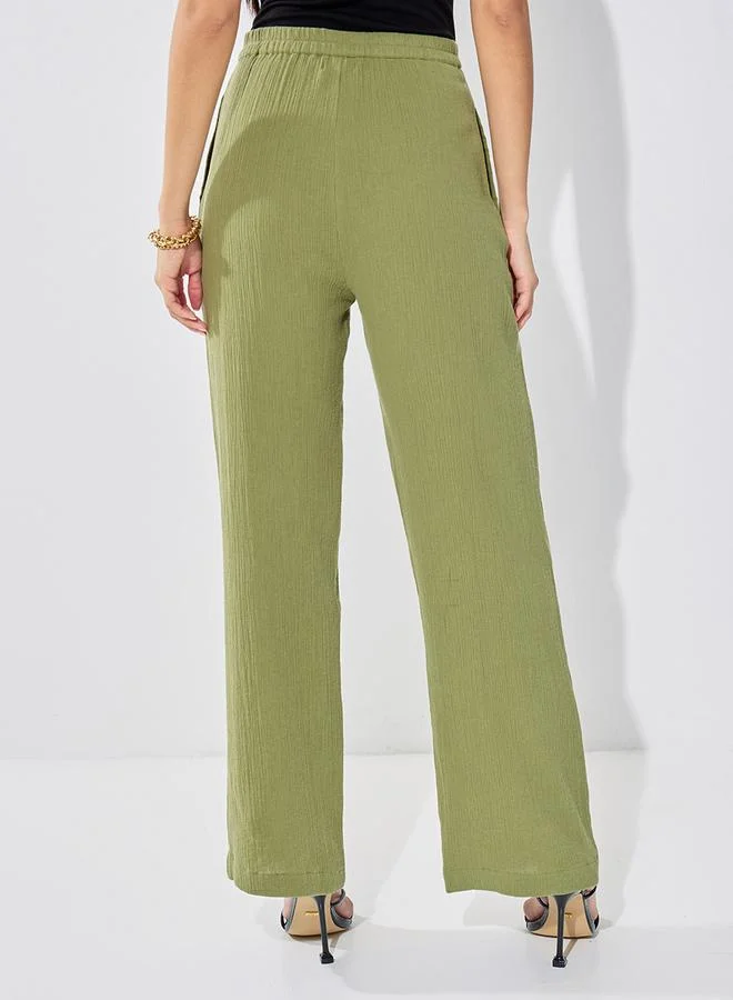 Styli High Rise Wide Leg Textured Trouser