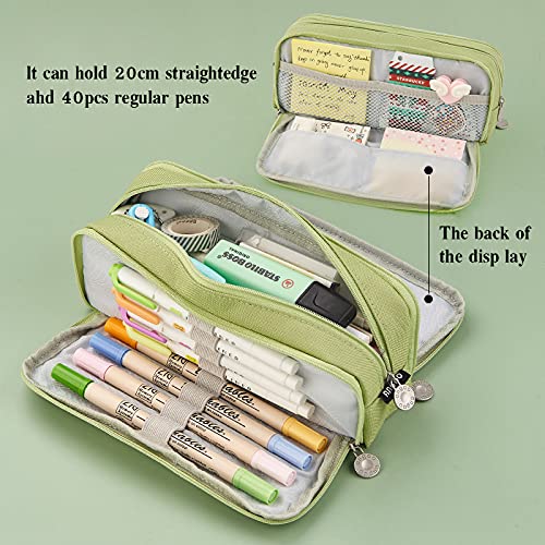 MAMUNU Large Capacity Pencil Case, 3 Compartments Canvas Pencil Pouch with Zipper, Aesthetic Pencil Pen Pouch for School Students Teen Girls Boys, Green - Image 2