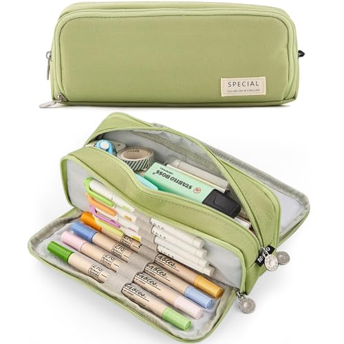 MAMUNU Large Capacity Pencil Case, 3 Compartments Canvas Pencil Pouch with Zipper, Aesthetic Pencil Pen Pouch for School Students Teen Girls Boys, Green - Image 1