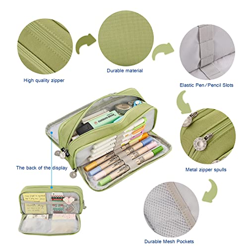 MAMUNU Large Capacity Pencil Case, 3 Compartments Canvas Pencil Pouch with Zipper, Aesthetic Pencil Pen Pouch for School Students Teen Girls Boys, Green - Image 3
