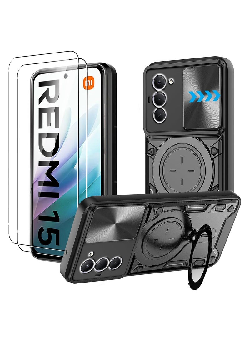 Adando [1+2] Case for Xiaomi Redmi 15 5G with 2 Tempered Glass Screen Protector, Slide Camera Cover and Stand Kickstand Ring with Tempered, Corner Protection Anti-Scratch Shock Absorption Rugged Bumper Cover (Black) - Image 1