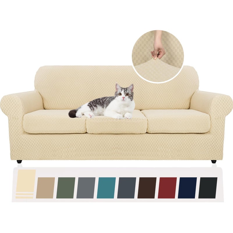 YEMYHOM Latest Checkered 4 Pieces Couch Covers for 3 Cushion Couch High Stretch Thickened Sofa Cover for Dogs Pets Elastic Slipcovers Living Room Furniture Protector Beige 71913 Cushions