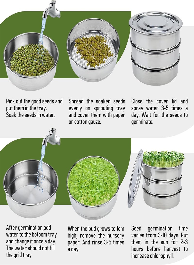 GGOOT Stainless Steel Seed Sprouting Kit \u2013 Stainless Steel Sprouting Tray Round 3-Tier Seed Sprouting Trays for Microgreens Broccoli Sprouts Growing Kit Microgreens Tray Seed Germination Tra - Image 5