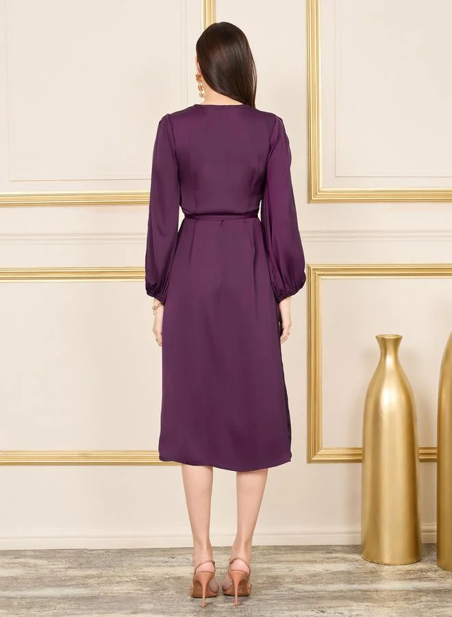 ستايلي Satin Slit Sleeves V Neck Wrap Midi Dress