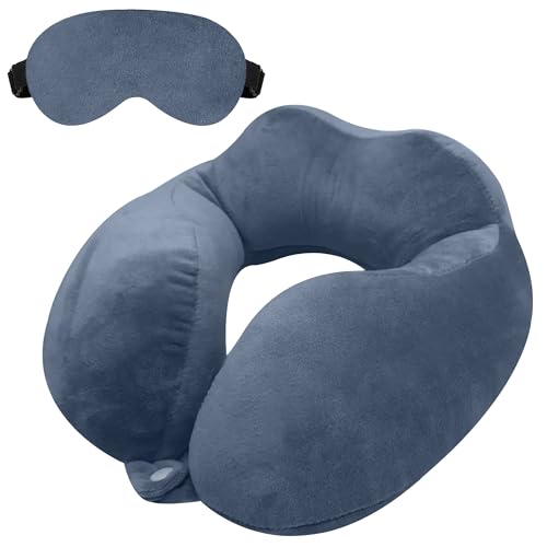 GREELI Rover Travel Neck Pillow – Soft Fiber Filled with Snap Button, Plush Fabric, for Flight, Bus, Car, Neck Pain Relief (Grey with Eye Mask) - Image 1