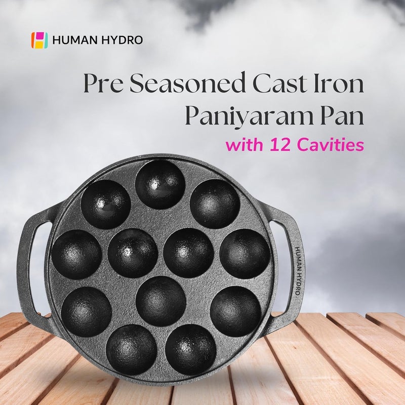 Human Hydro PreSeasoned Cast Iron Paniyaram Pan with Lid 12Pit 20 cm8 Inch NonStick 100 Natural NonToxic Appam Patra Kuzhi Paniyarakkal Paddu More - Image 3