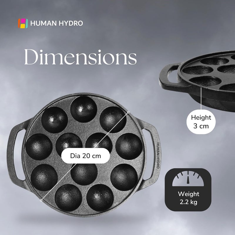 Human Hydro PreSeasoned Cast Iron Paniyaram Pan with Lid 12Pit 20 cm8 Inch NonStick 100 Natural NonToxic Appam Patra Kuzhi Paniyarakkal Paddu More - Image 2