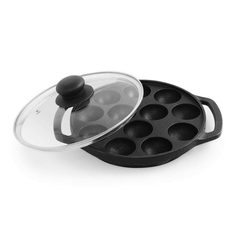 Human Hydro PreSeasoned Cast Iron Paniyaram Pan with Lid 12Pit 20 cm8 Inch NonStick 100 Natural NonToxic Appam Patra Kuzhi Paniyarakkal Paddu More - Image 1