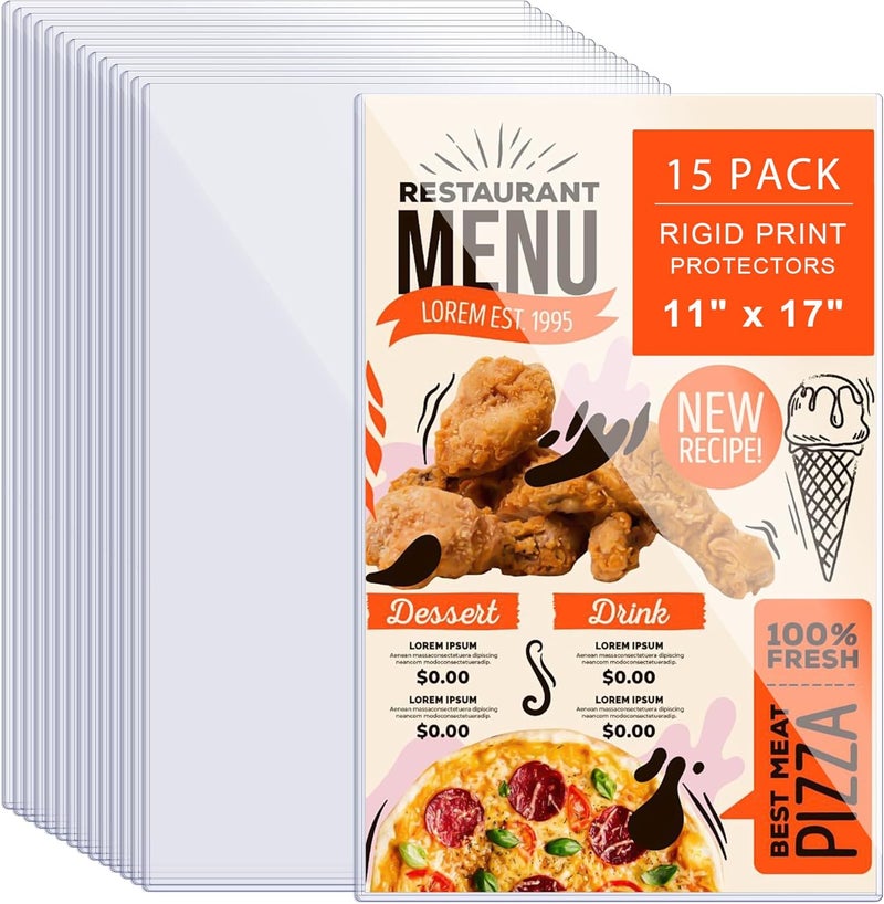 AKONEGE 15 Pcs 11" x 17" Rigid Print Protectors Clear Plastic Sleeves Hard Sheet Protectors Heavy Duty Top Loading Crystal Poster Frames Menu Holder Paper Sleeves for Magazine Poster Photo Prints - Image 1