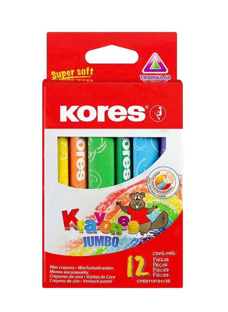 Kores Krayones Wax Crayons, Jumbo Size 14MM, Triangular, Box of 12 Assorted Colours  - Image 1