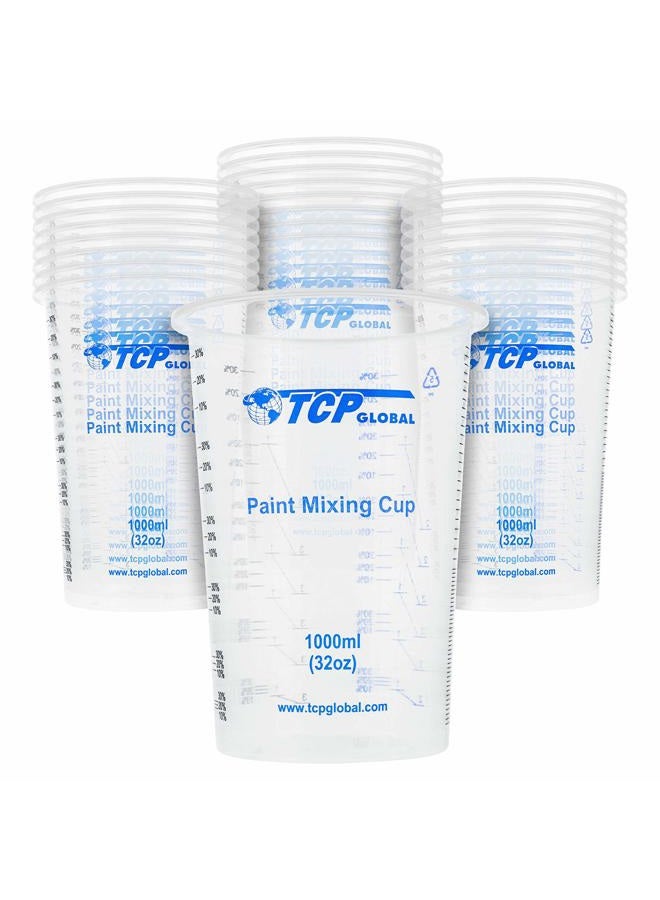 TCP Global 32 oz. (1000ml) Graduated Plastic Mixing Cups (Box of 25) - Disposable Plastic Measuring Cups for Liquids, Paints, Resin, Epoxy, Art, Kitchen - Ratios 2-1, 3-1, 4-1 ML - Image 1