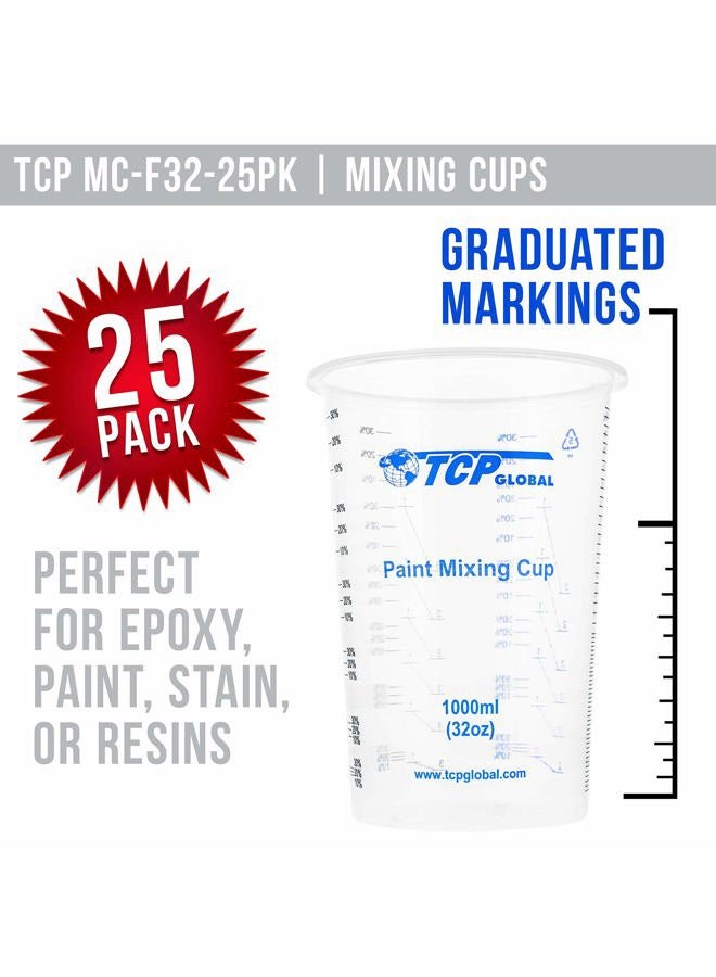 TCP Global 32 oz. (1000ml) Graduated Plastic Mixing Cups (Box of 25) - Disposable Plastic Measuring Cups for Liquids, Paints, Resin, Epoxy, Art, Kitchen - Ratios 2-1, 3-1, 4-1 ML - Image 2