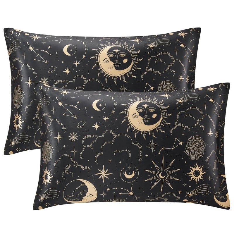 EXQ Home Satin Pillowcase for Hair and Skin - Black Printed Silk Pillowcase 2 Pack 20x26 inches - Standard Satin Pillow Cases Set of 2 with Envelope Closure, Gifts for Women Men - Image 1