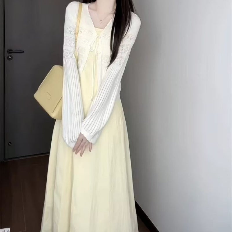 Beautiful Temperament Waist-Cinching Womens New Dopamine Waist-Cinching Suspender Dress High-End Suit Long Skirt Summer Cardigan + dress (full size, full size)