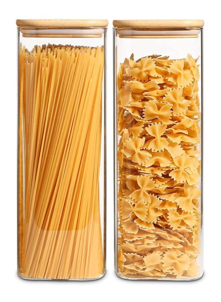 1Chase Set of 2- 1800ML Borosilicate Square Glass Storage Jar With Bamboo Lid For Spaghetti, Pasta, Noodles, Coffee, Tea, Sugar  etc - Image 2