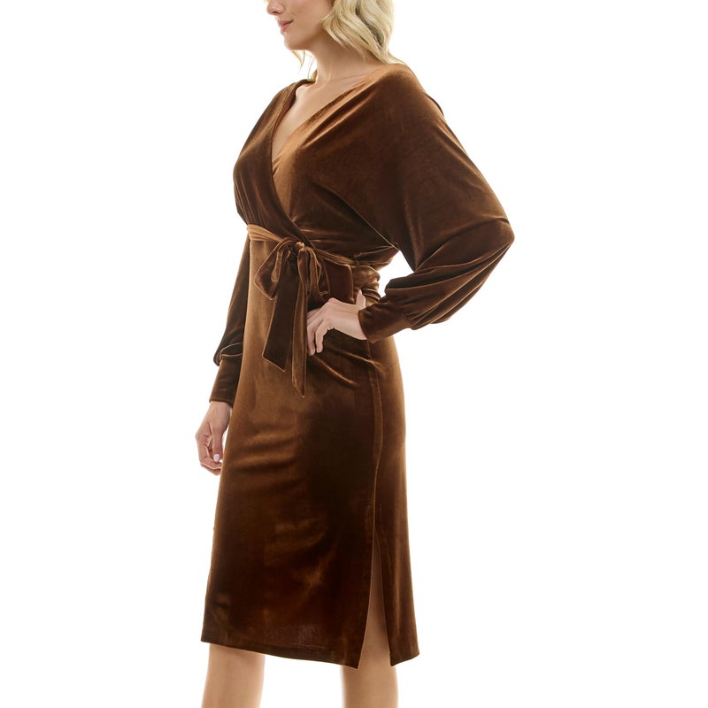 Taylor Women's Long Sleeve Velvet Mock Wrap Midi Dress with Waist Tie, Russet - Image 2