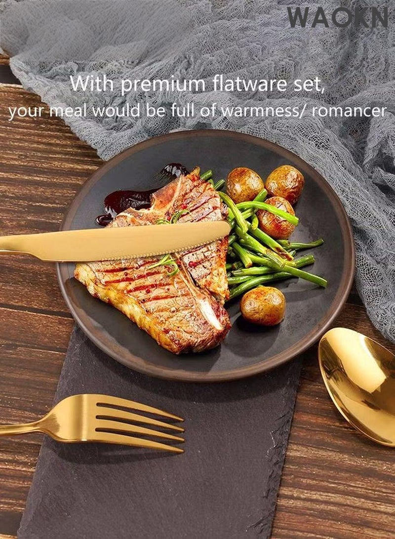 دبليو أيه أو كي أن طقم أدوات مائدة من ٢٤ قطعة مع حامل، طقم أدوات مائدة من الفولاذ المقاوم للصدأ، ملاعق، شوك، سكاكين، طقم أدوات مائدة، يكفي لستة أشخاص. طقم أدوات مائدة مصقول بمرآة، يشمل سكاكين شرائح اللحم، مقاوم للصدأ، آمن للغسل في غسالة الأطباق، أدوات مائدة محمولة للتخييم والنزهات المدرسية والعملية والسفر. - Image 5