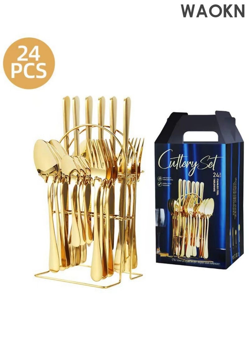 دبليو أيه أو كي أن طقم أدوات مائدة من ٢٤ قطعة مع حامل، طقم أدوات مائدة من الفولاذ المقاوم للصدأ، ملاعق، شوك، سكاكين، طقم أدوات مائدة، يكفي لستة أشخاص. طقم أدوات مائدة مصقول بمرآة، يشمل سكاكين شرائح اللحم، مقاوم للصدأ، آمن للغسل في غسالة الأطباق، أدوات مائدة محمولة للتخييم والنزهات المدرسية والعملية والسفر. - Image 1