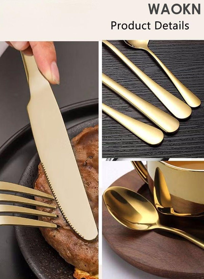 دبليو أيه أو كي أن طقم أدوات مائدة من ٢٤ قطعة مع حامل، طقم أدوات مائدة من الفولاذ المقاوم للصدأ، ملاعق، شوك، سكاكين، طقم أدوات مائدة، يكفي لستة أشخاص. طقم أدوات مائدة مصقول بمرآة، يشمل سكاكين شرائح اللحم، مقاوم للصدأ، آمن للغسل في غسالة الأطباق، أدوات مائدة محمولة للتخييم والنزهات المدرسية والعملية والسفر. - Image 3