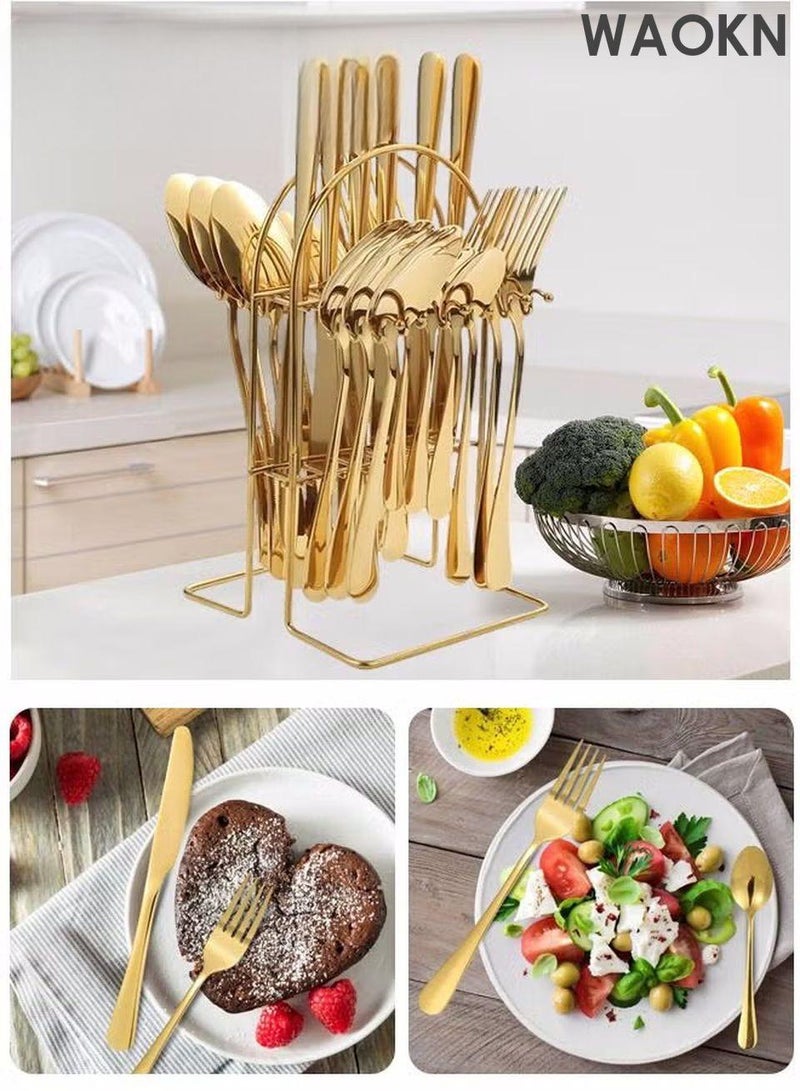 دبليو أيه أو كي أن طقم أدوات مائدة من ٢٤ قطعة مع حامل، طقم أدوات مائدة من الفولاذ المقاوم للصدأ، ملاعق، شوك، سكاكين، طقم أدوات مائدة، يكفي لستة أشخاص. طقم أدوات مائدة مصقول بمرآة، يشمل سكاكين شرائح اللحم، مقاوم للصدأ، آمن للغسل في غسالة الأطباق، أدوات مائدة محمولة للتخييم والنزهات المدرسية والعملية والسفر. - Image 2