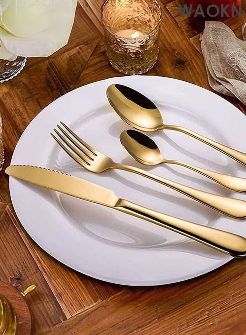 دبليو أيه أو كي أن طقم أدوات مائدة من ٢٤ قطعة مع حامل، طقم أدوات مائدة من الفولاذ المقاوم للصدأ، ملاعق، شوك، سكاكين، طقم أدوات مائدة، يكفي لستة أشخاص. طقم أدوات مائدة مصقول بمرآة، يشمل سكاكين شرائح اللحم، مقاوم للصدأ، آمن للغسل في غسالة الأطباق، أدوات مائدة محمولة للتخييم والنزهات المدرسية والعملية والسفر. - Image 4