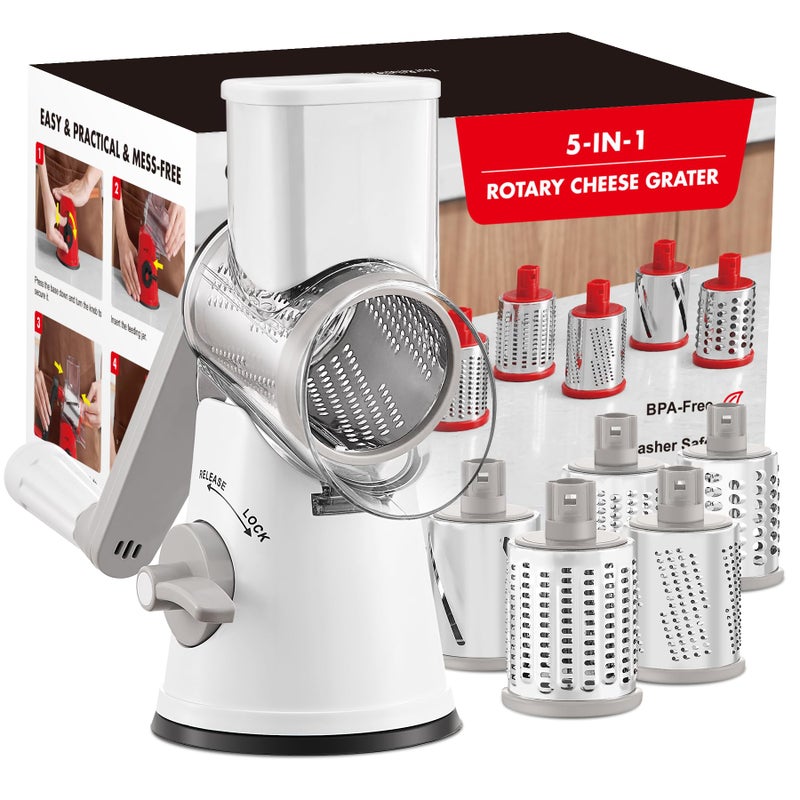 GDL Rotary Cheese Grater Upgraded 5in1 Cheese Grater Hand Crank Multipurpose Cheese Shredder with Handle Vegetable Slicer Cutter Ice Shaver for Potato Carrot Nuts Chocolate - Image 2