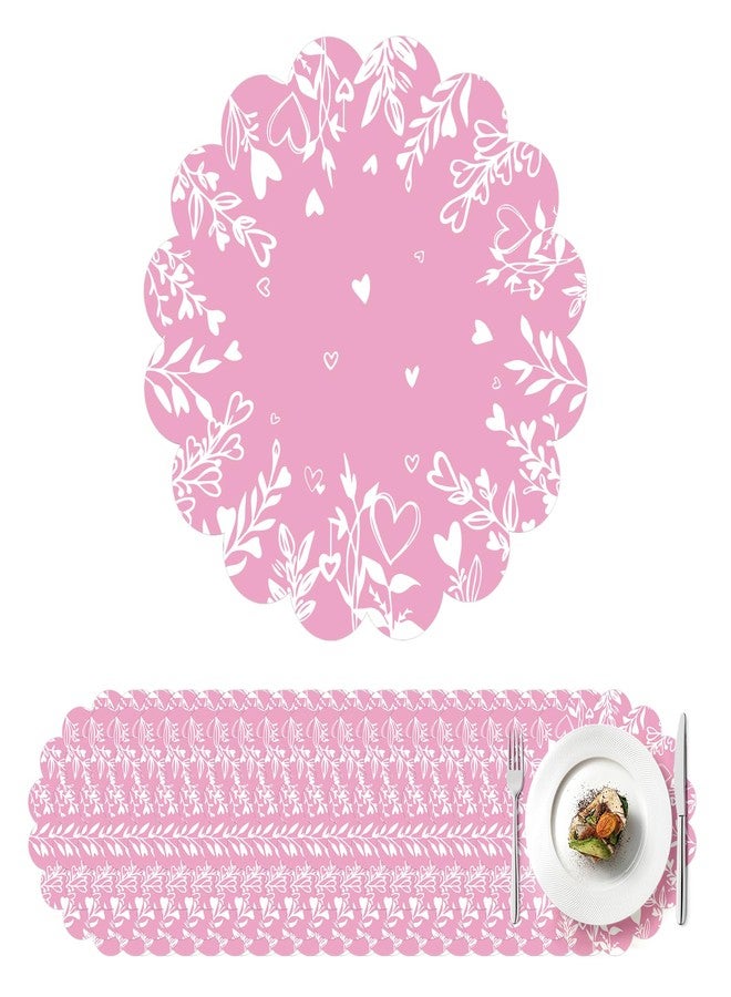 Stuffygreenus 100 Pcs Valentines Day Paper Placemats 13.5 Inches Scalloped Valentines Placemats Disposable Pink Floral Heart Place Mats for Dining Parties Weddings Holidays Table Decorations - Image 1
