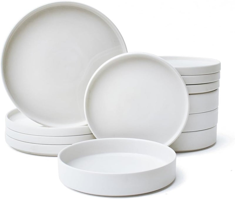 222 Fifth Kaden 12Piece Modern White Porcelain Dinnerware Set  Service for 4 Plate  Bowl Set Contemporary Design for Everyday Dining  Entertainment Microwave  Dishwasher Safe - Image 1