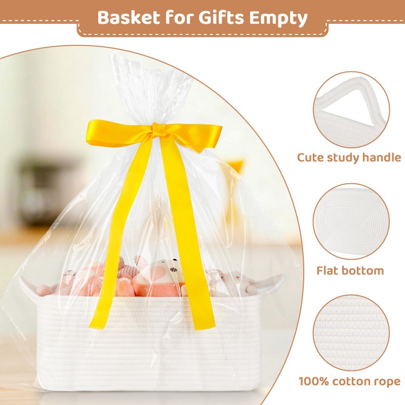 OIASKET Large Empty Gift Baskets for Baby Shower, 16.5" L x 12.6" W x 7" H Cute Woven Storage Basket with Gift Bags and Ribbons, Small Rope Toy Basket with Handles, Cat Dog Pet Toy Organizer - White - Image 3