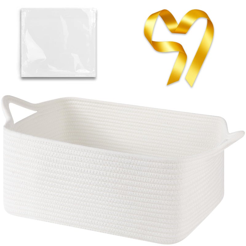 OIASKET Large Empty Gift Baskets for Baby Shower, 16.5" L x 12.6" W x 7" H Cute Woven Storage Basket with Gift Bags and Ribbons, Small Rope Toy Basket with Handles, Cat Dog Pet Toy Organizer - White - Image 1