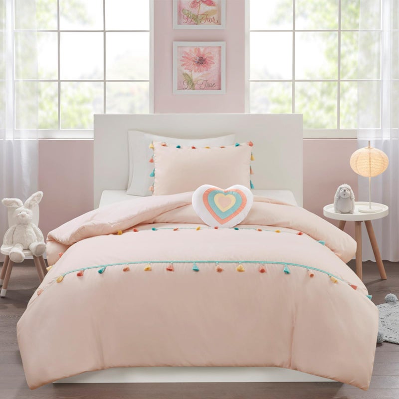Intelligent Design Kids Twin Comforter Set for Girls, Pink Twin Comforter Set, Tessa Adorable Twin Bedding Sets for Girls, Fun Pom Pom Tassel, Sham, Boho Heart Throw Pillow, Twin, Blush 3 Piece - Image 1