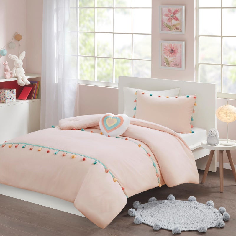 Intelligent Design Kids Twin Comforter Set for Girls, Pink Twin Comforter Set, Tessa Adorable Twin Bedding Sets for Girls, Fun Pom Pom Tassel, Sham, Boho Heart Throw Pillow, Twin, Blush 3 Piece - Image 5