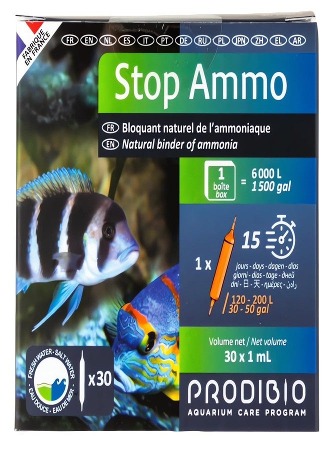 Prodibio Stop Ammo, Ammonia Neutralizer, Freshwater and Saltwater, 30/1 mL vials, 30 gal and up - Image 1