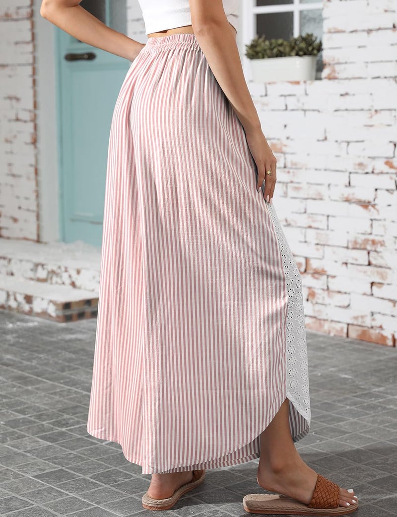 TARSE Womenâ€™s Striped Palazzo Pants Boho Wide Leg Pants with Lace Trim High Waist Flowy Beach Vacation Trousers(Red, L) - Image 5
