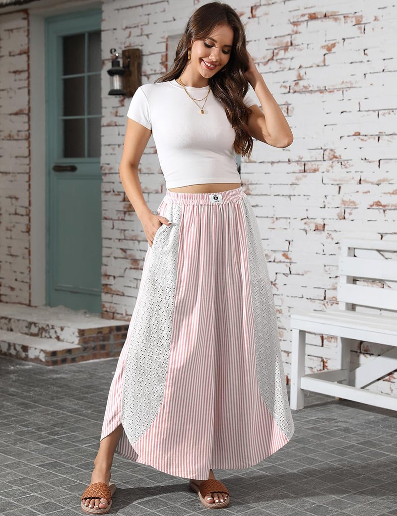 TARSE Womenâ€™s Striped Palazzo Pants Boho Wide Leg Pants with Lace Trim High Waist Flowy Beach Vacation Trousers(Red, L) - Image 2