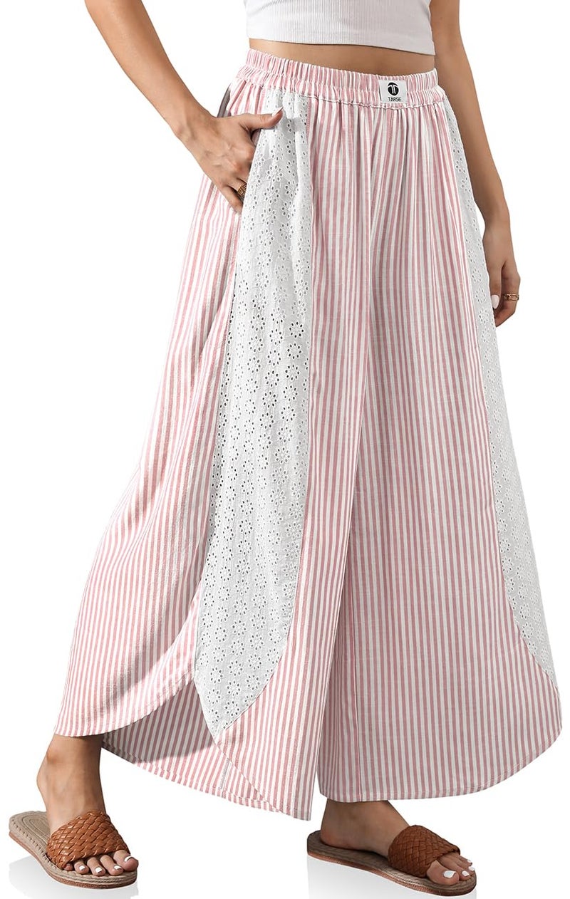 TARSE Womenâ€™s Striped Palazzo Pants Boho Wide Leg Pants with Lace Trim High Waist Flowy Beach Vacation Trousers(Red, L) - Image 1