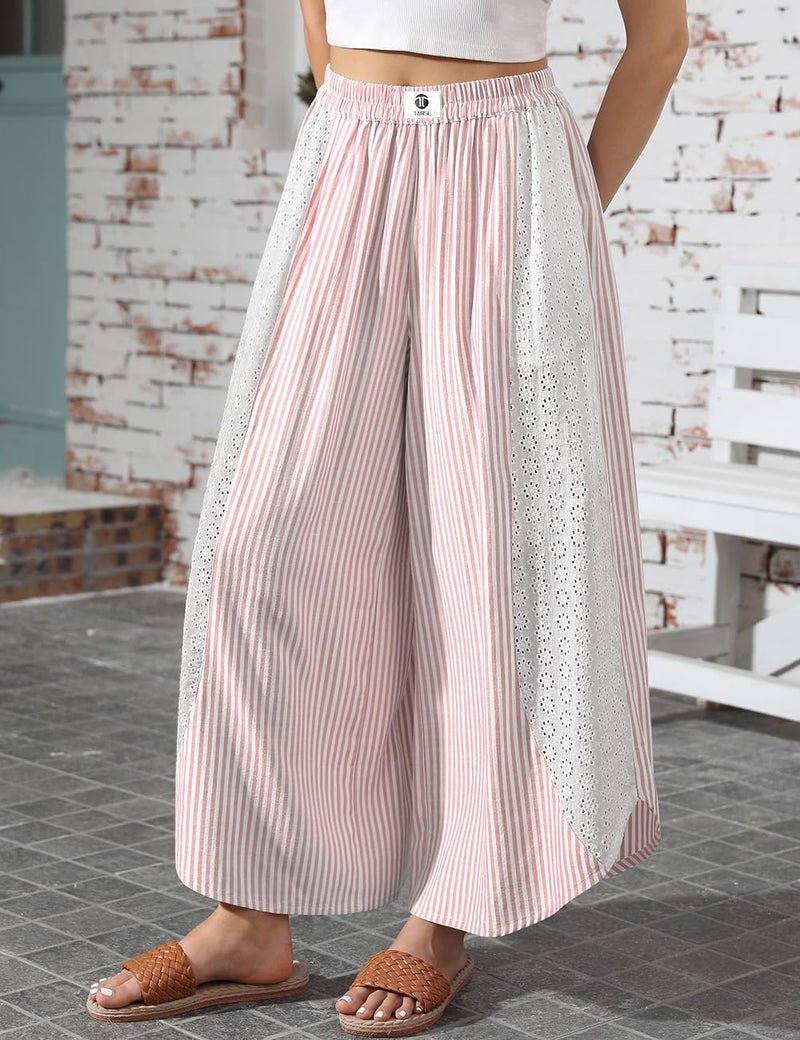 TARSE Womenâ€™s Striped Palazzo Pants Boho Wide Leg Pants with Lace Trim High Waist Flowy Beach Vacation Trousers(Red, L) - Image 4