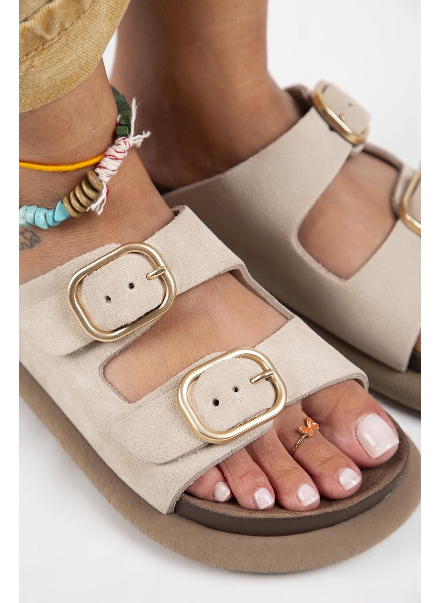 Manijero Lavanda Women's Leather Double Buckled Beige Slippers  - Image 4