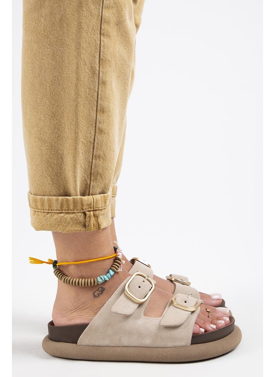 Manijero Lavanda Women's Leather Double Buckled Beige Slippers  - Image 2